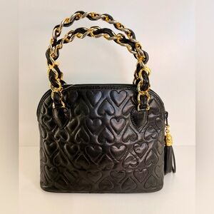 Pre Owned Cosci Black Leather Bag Purse W/ 2 Gold Chain Metal Handle